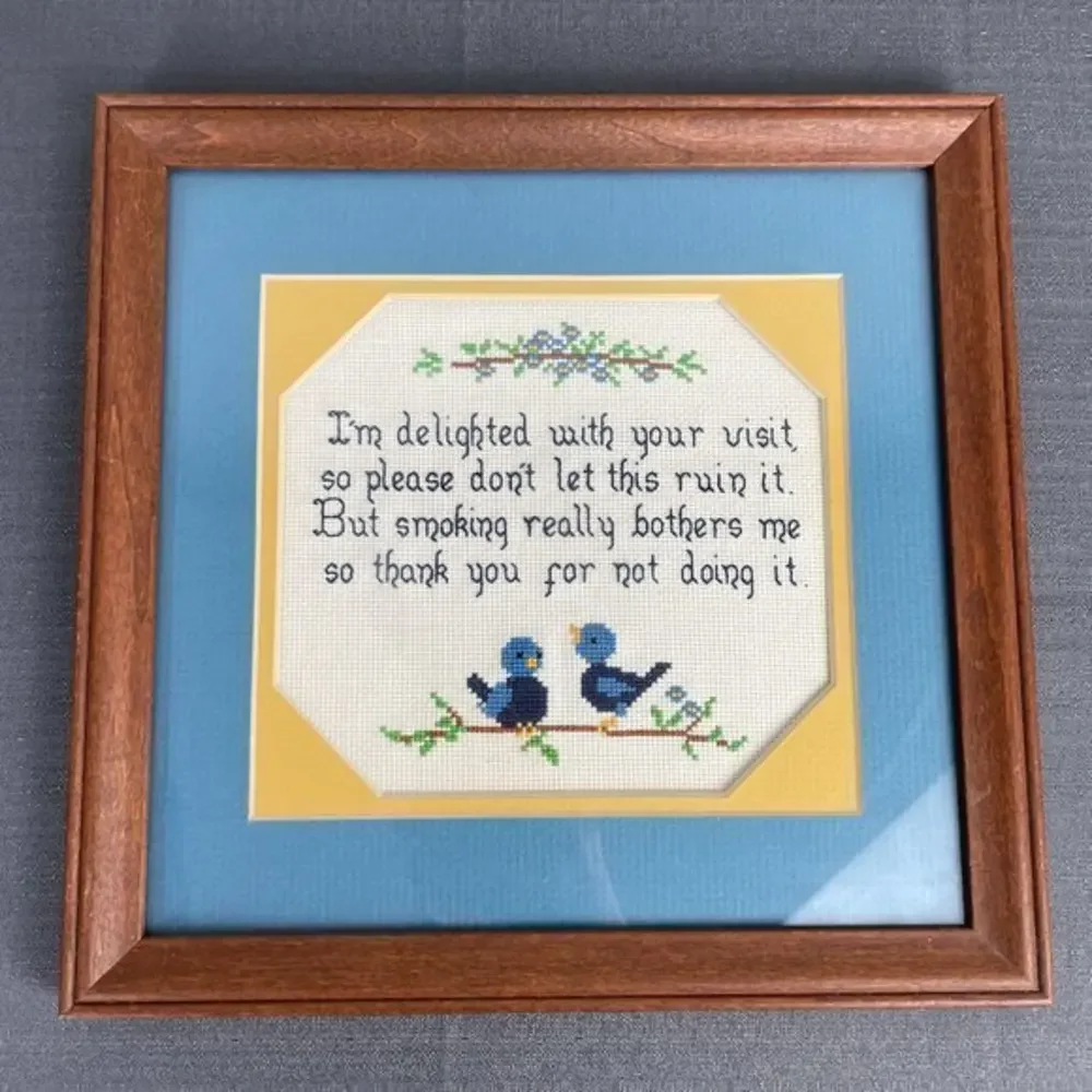 Finished Framed Cross‎ Stitch Anti-Smoking Blue Birds 10 x 10